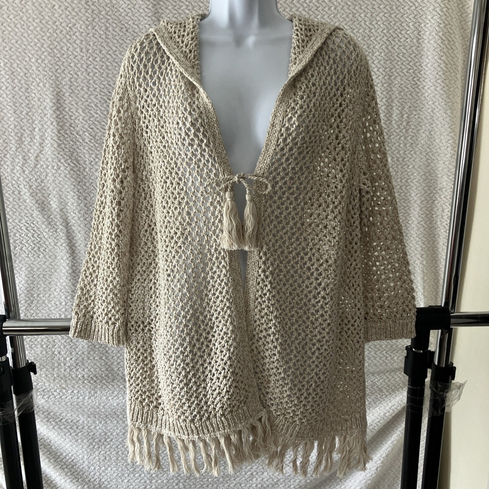 J Jill Open Knit Net Sweater Cardigan Small Beige Coastal Beach Coverup Boho